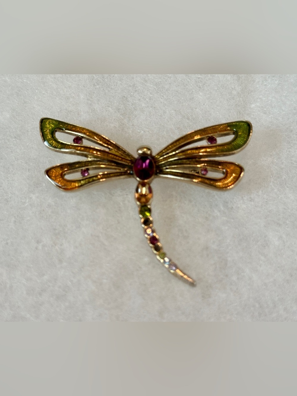 Monet Dragonfly Brooch Pin Multicolor Enamel Purple Rhinestone Gold Tone Jewelry